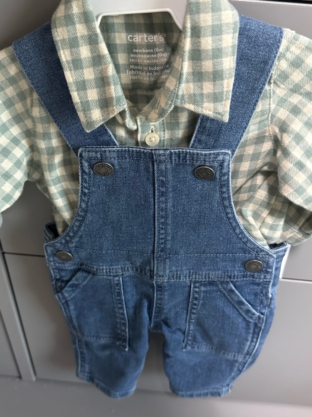 Carter's Mint Green and Ivory Plaid Shirt with Denim Overalls